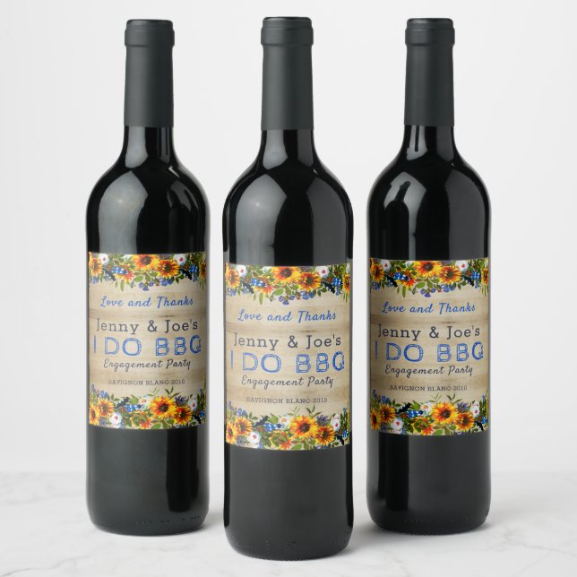 I DO BBQ Rustic Floral Wood Engagement  Wine Label (Bottles)