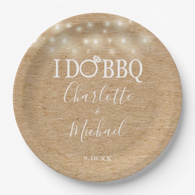 I Do BBQ Rustic Kraft String Lights Engagement Paper Plate (Front)
