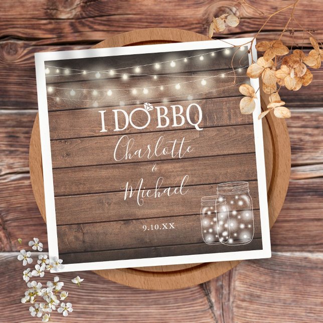 I Do BBQ Rustic Mason Jar String Lights Engagement Napkin (Creator Uploaded)