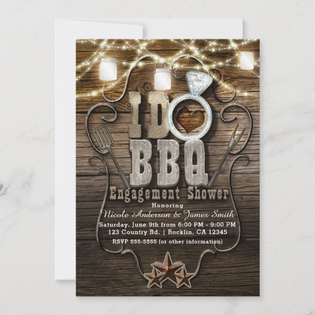 I DO BBQ Rustic Mason Jars & Lights Engagement Invitation (Front)
