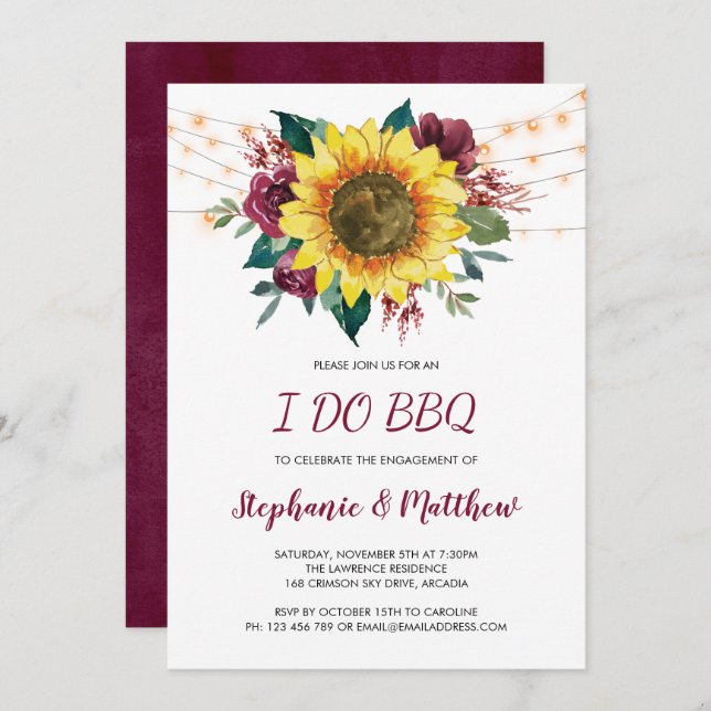 I Do BBQ Rustic Sunflower Lights Engagement Invitation (Front/Back)
