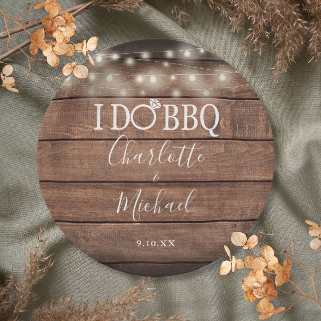 I Do BBQ Rustic Wood String Lights Engagement Paper Plate (I Do BBQ Rustic Wood String Lights Engagement Paper Plates)