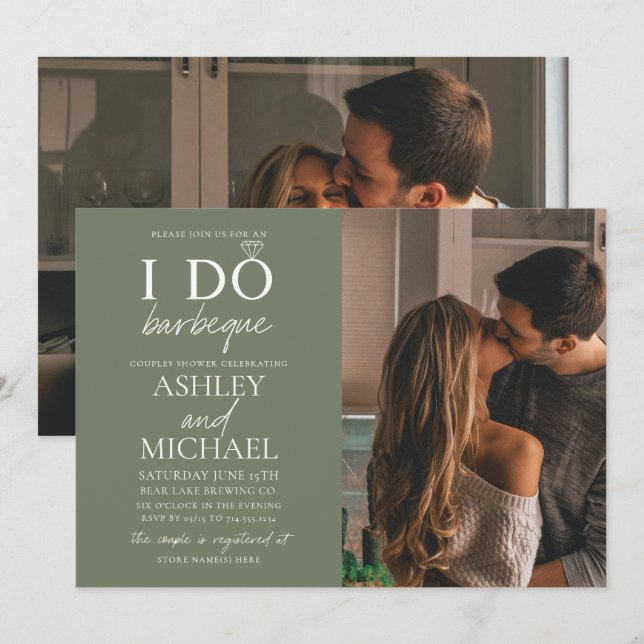 I Do BBQ Sage Green 2 Photo Simple Script Shower Invitation (Front/Back)