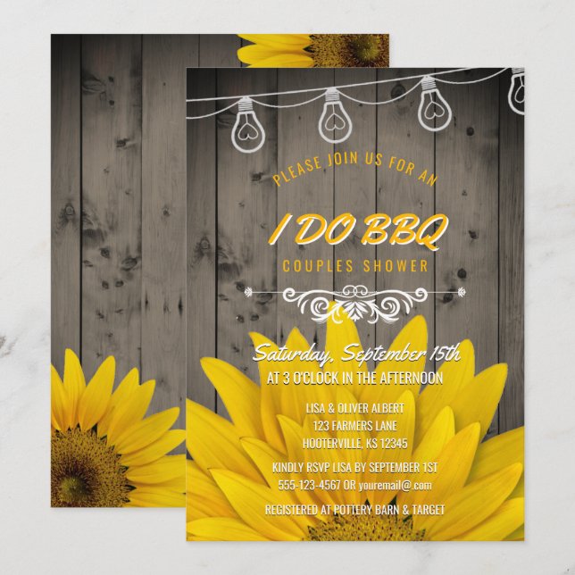 I Do BBQ Sunflower Couples Shower Rustic Barnwood Invitation (Front/Back)