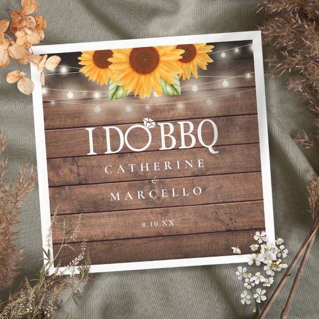 I Do BBQ Sunflower Rustic Wood Engagement Party Napkin (Creator Uploaded)