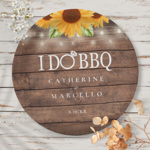 I Do BBQ Sunflower Rustic Wood Engagement Party Paper Plate