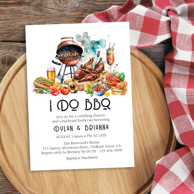I DO BBQ Watercolor Backyard BBQ Wedding Shower Invitation (I DO BBQ shower invitaton with watercolor barbecue scene)