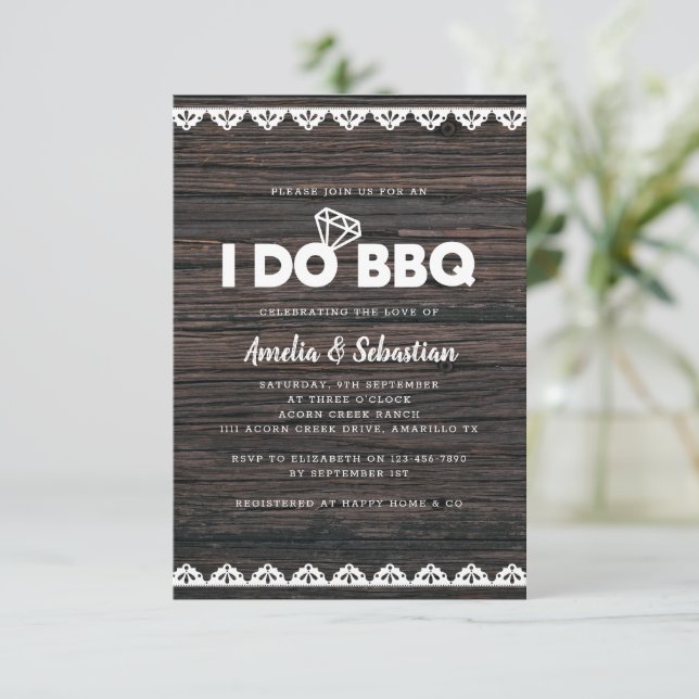 I Do BBQ Wood Lace Bridal Shower Invitation (Standing Front)