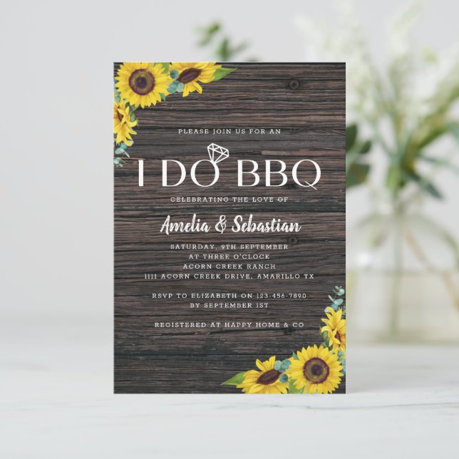 I Do BBQ Wood Sunflower Bridal Shower Invitation (Standing Front)