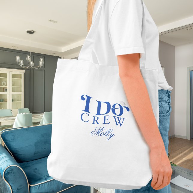 I Do Crew Blue Modern Font Tote Bag (I Do Crew tote bag with modern serif font – perfect for bridesmaid proposals or bridal celebrations!)