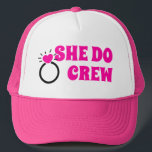 I Do Crew | She Do Crew Bachelorette Goodie Trucker Hat<br><div class="desc">Retro seventies typography themed bride-to-be bridesmaids girls design for cool bridal shower,  bachelorette spring summer party. Featuring 'She Do Crew' message,  funny bachelorette bride phrase design with pink heart engagement wedding ring. Modern chic retro bachelorette girls design.</div>