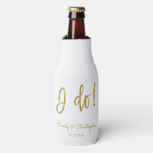 I Do Elegant Script Gold Foil and White Wedding Bottle Cooler