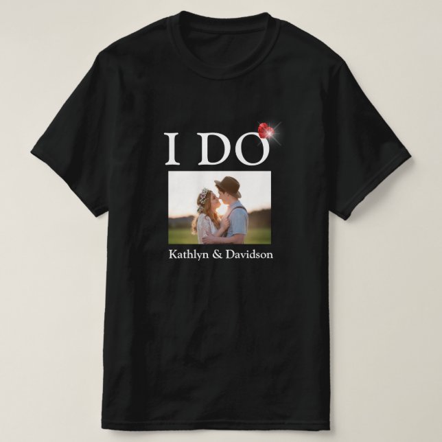 I DO Engagement Ring Couple Photo Name Minimalist T-Shirt (Design Front)