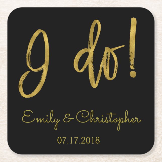 I Do Gold Foil and Black Wedding Coasters (Front)