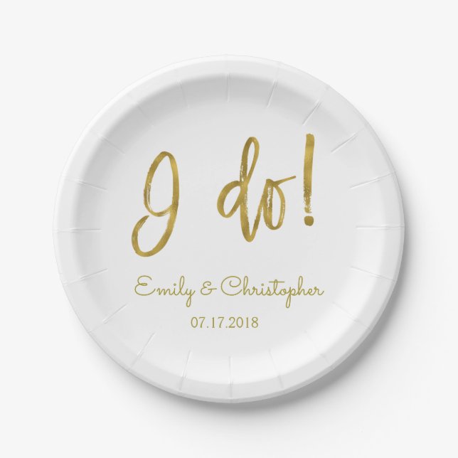 I Do Gold Foil and White Wedding Plates (Front)