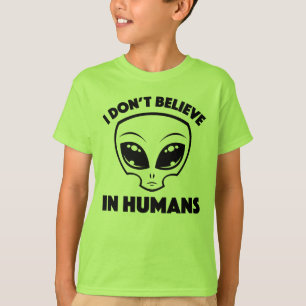 I Don’t Believe In Humans Cartoon Alien In Black T-Shirt