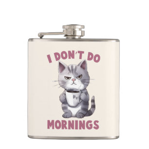 I Don’t Do Mornings – Grey Cat with Coffee Hip Flask