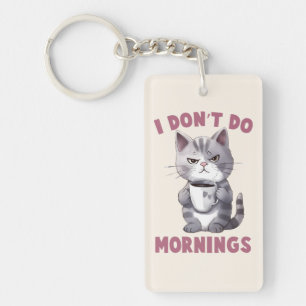 I Don’t Do Mornings – Grey Cat with Coffee Key Ring