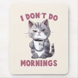 I Don’t Do Mornings – Grey Cat with Coffee Mouse Pad