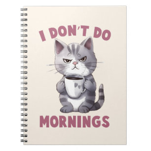 I Don’t Do Mornings – Grey Cat with Coffee Notebook