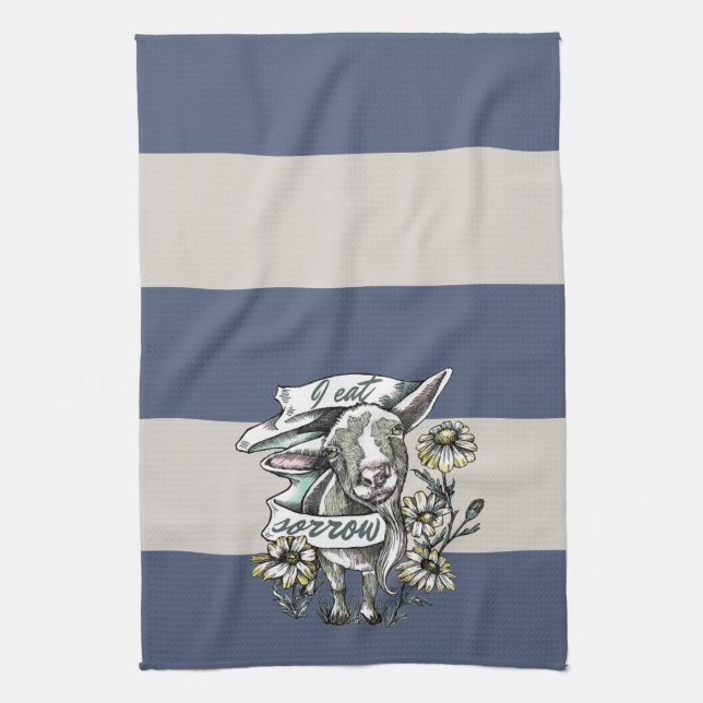 I Eat Sorrow: Happy Goat and Daisies (stripes) Tea Towel (Vertical)