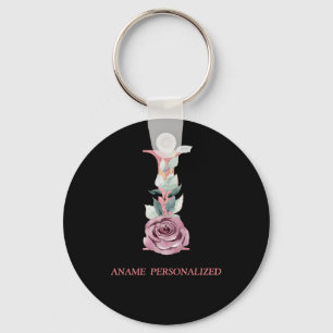 I Floral Monogram Name Letters Pink Agate Keychain