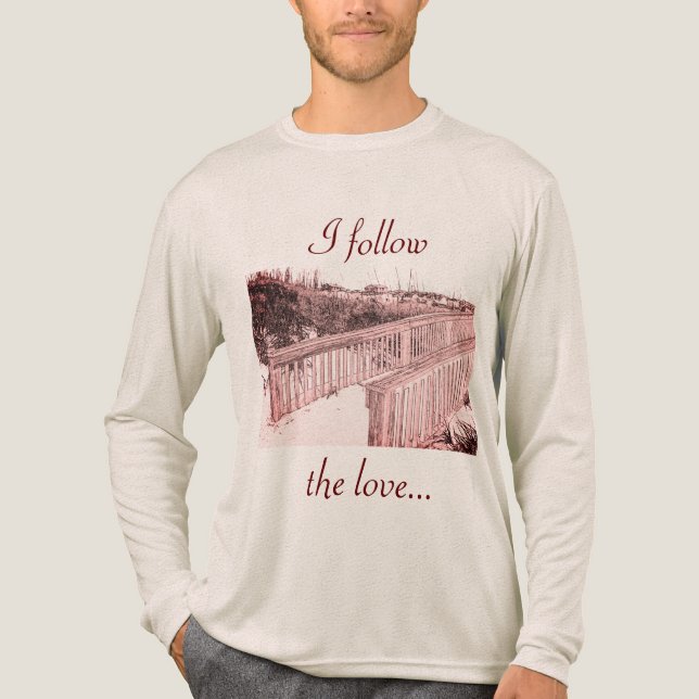 "I Follow the Love" Pink Beach Walkway Art Drawing Tri-Blend Shirt (Front)