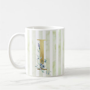 I golden initial with on blue and white stripes coffee mug