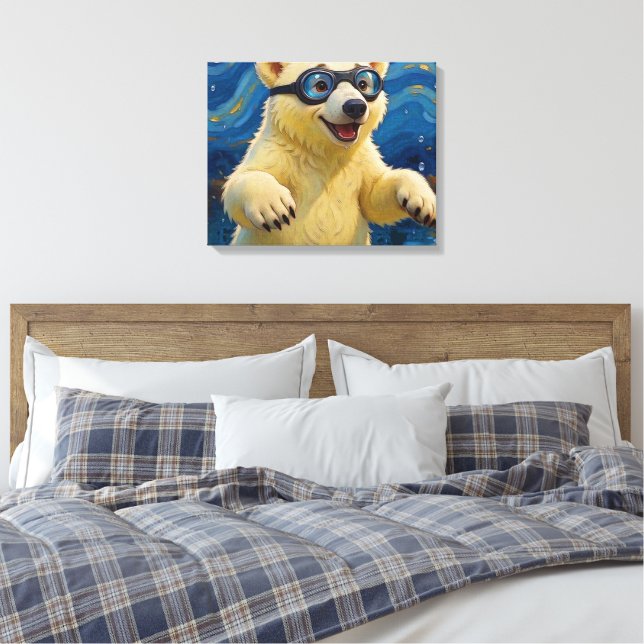 I Got Bubbles - Polar Bear Cub In Water Canvas Print (Insitu(Bedroom))