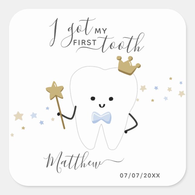 I got my first tooth Baby Boy Teething Date Square Sticker (Front)