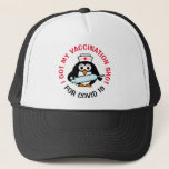I got my vaccination shot for covid 19 trucker hat<br><div class="desc">I got my vaccination shot for covid 19 Trucker Hat. I've been vaccinated cap. Custom coronavirus vaccination text with cute penguin holding a big syringe needle. Pandemic vaccination encouragement design. Penguin medical nurse cartoon template with quote. Also available for on other products.</div>