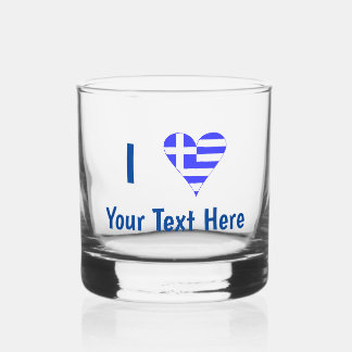 I (Greek Flag Funky Heart) Your Text Whiskey Glass