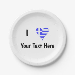 I (Greek Flag Heart) Your Text Paper Plate