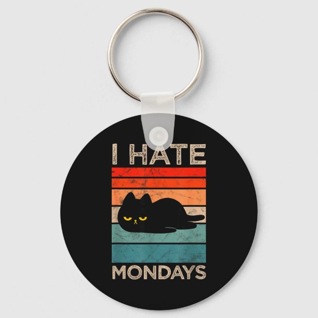 I Hate Mondays Retro Cat – Funny Lazy Cat  Key Ring (Front)
