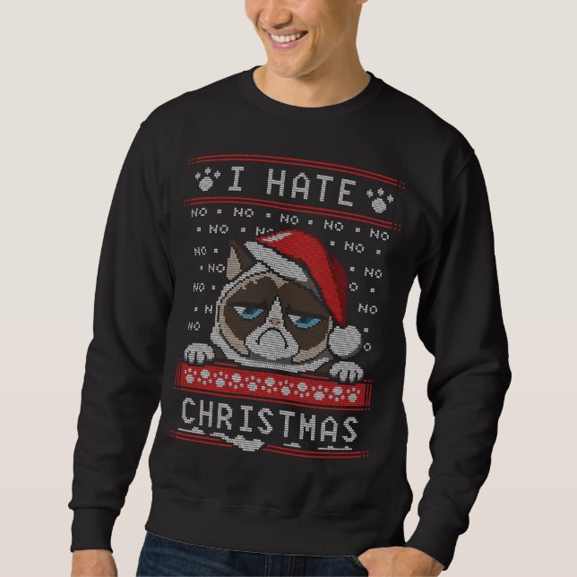 I Hate Xmas Funny Angry Cat Ugly Christmas Sweater (Front)