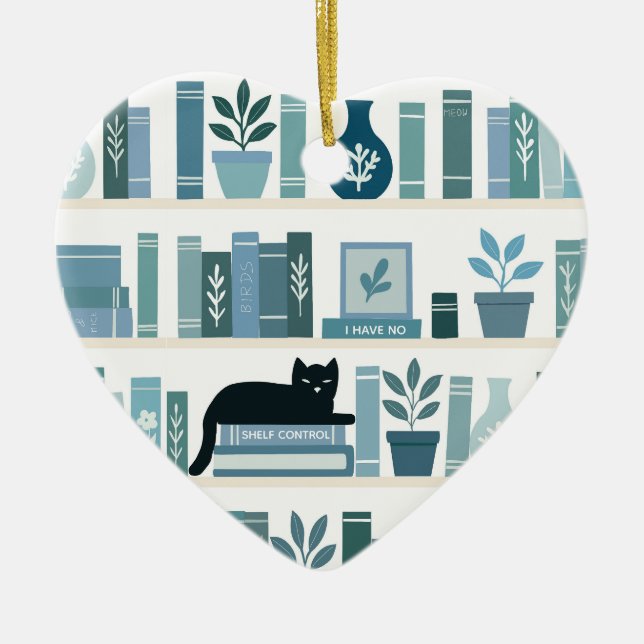 I have no shelf control Bookshelf & Cat heart Ceramic Tree Decoration (Front)