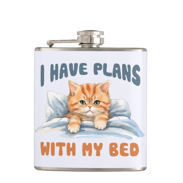 I Have Plans with My Bed – Cosy Orange Cat Hip Flask (Front)