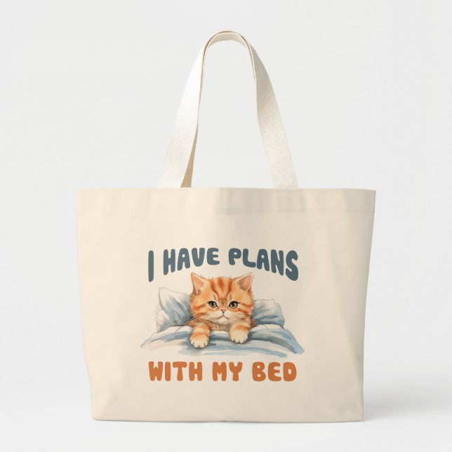 I Have Plans with My Bed – Cosy Orange Cat Large Tote Bag (Front)
