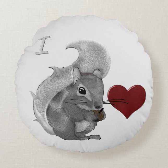 I Heart Baby Squirrels Fuzzy Anima Round Cushion (Front)