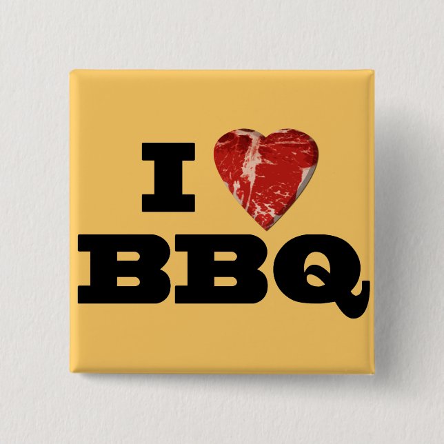 I heart BBQ, Steak Heart Shape Funny Grilling 15 Cm Square Badge (Front)