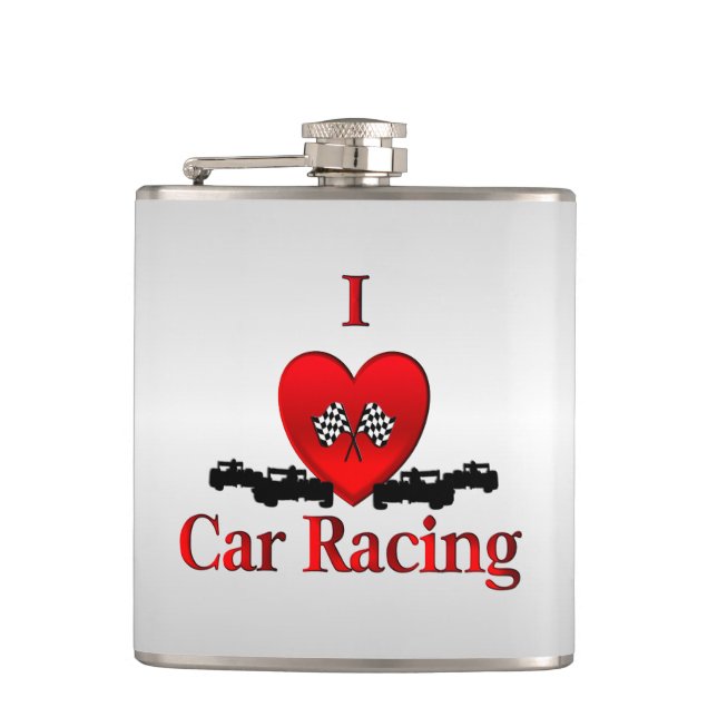 I Heart Car Racing Silver Hip Flask (Front)