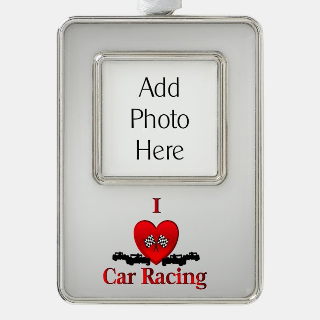 I Heart Car Racing Silver with Custom Photo Plated Framed Ornament (Front)