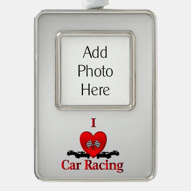 I Heart Car Racing Silver with Custom Photo Silver Plated Framed Ornament (Front)