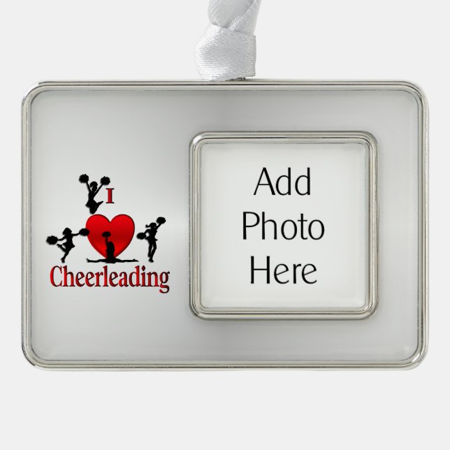 I Heart CheerLeading with Personal Photograph Silver Plated Framed Ornament (Front)