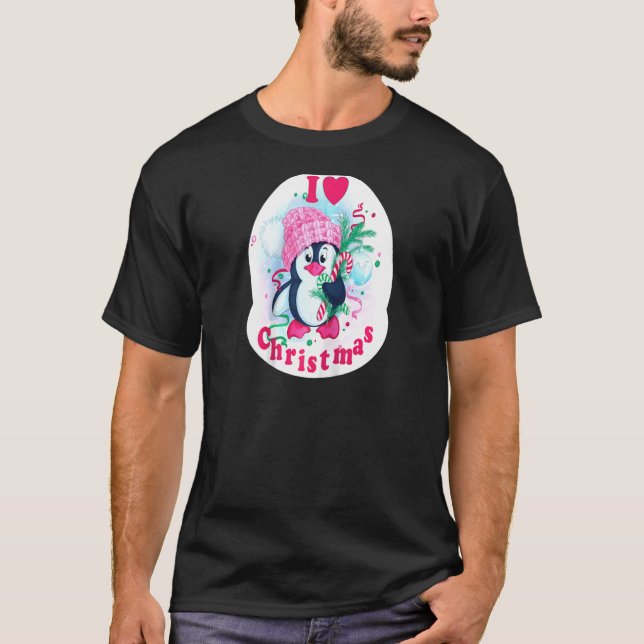 I Heart Christmas Penguin Love Candy Cane Pajama T T-Shirt (Front)
