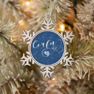 I Heart Corfu, Greek Flag, Kerkyra Snowflake Pewter Christmas Ornament