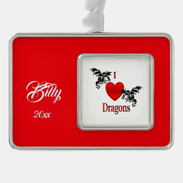 I Heart Dragons Name and Date  Silver Plated Framed Ornament (Front)