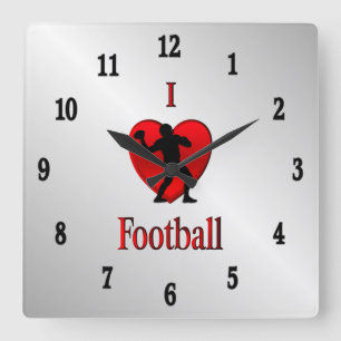 I Heart Football Black Numbers Square Wall Clock