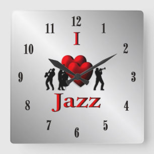 I Heart Jazz Music Silver w Black Numbers Square Wall Clock