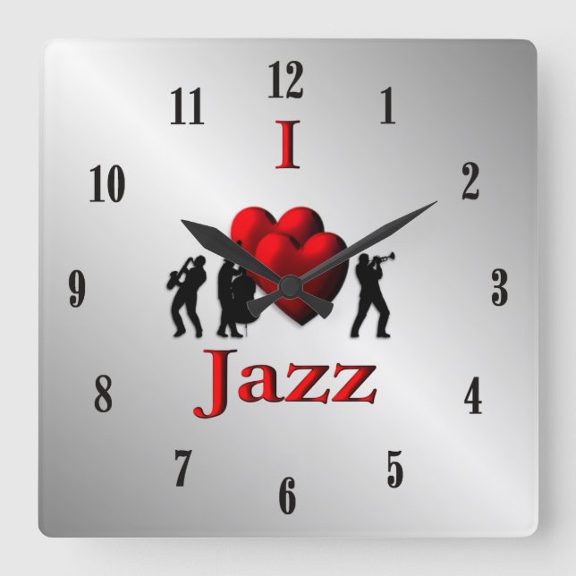I Heart Jazz Music Silver w Black Numbers Square Wall Clock (Front)